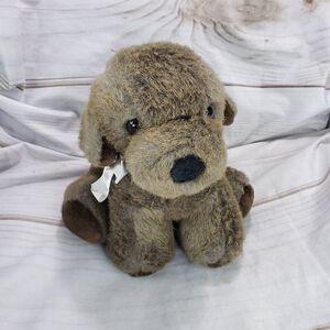 Vintage Dakin Brown Puppy Dog 9 Inch Plush Stuffed Animal 1986 Satin Bow Sitting